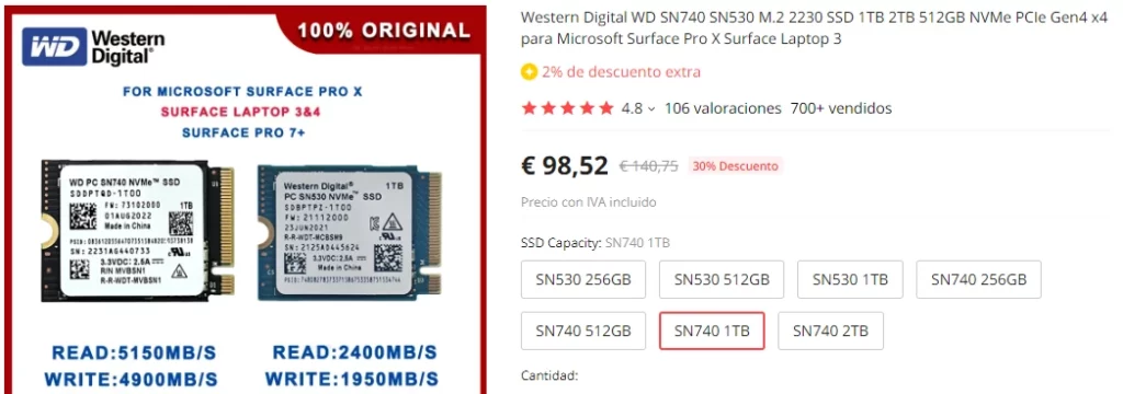 Disco SSD NVMe WD SN740 Aliexpress