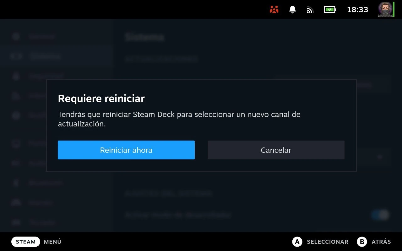 Reinicio de Steam Deck tras cambio de canal de actualización