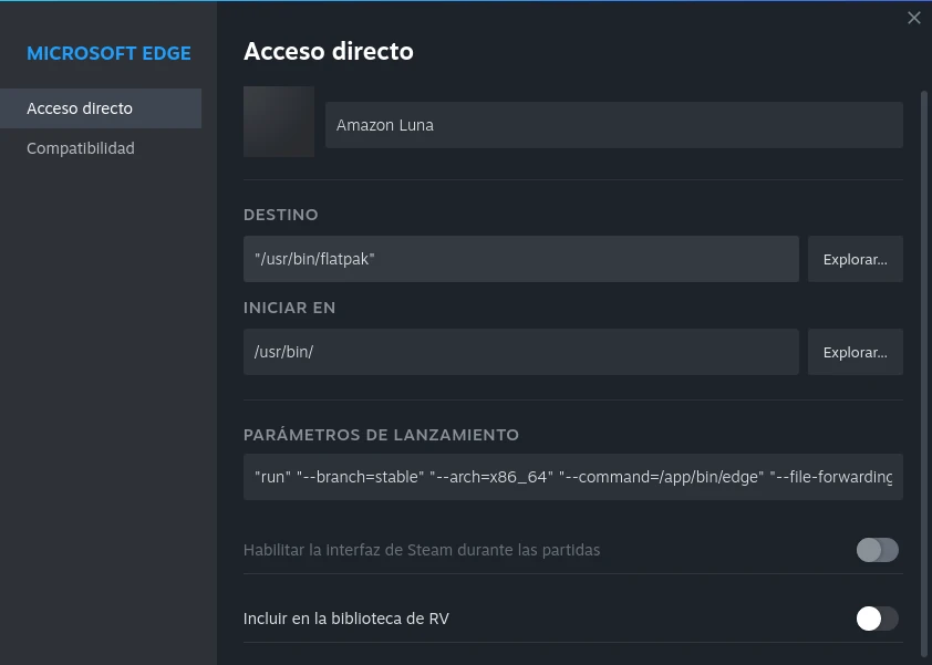 Acceso directo Amazon Luna en Steam Deck
